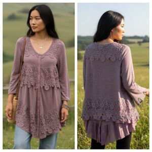 Pretty Angel Top Tunic Shirt Sz Small Oversized Pink LINEN Blend Lace Boho Gypsy